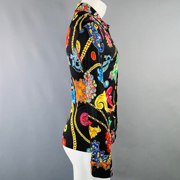 Size S Black Multi Color Floral Silk Pointed Collar Long Sleeve Shirt - Picture 4 of 6